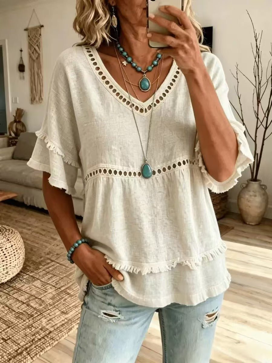 2026 Women's European And American Spring And Summer New Elegant Casual V-neck Solid Color Short Sleeved Women's Shirt | Mode