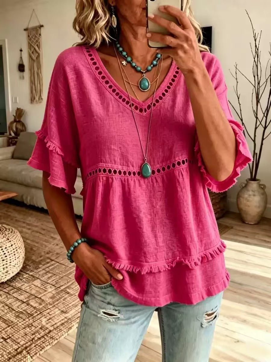 2026 Women's European And American Spring And Summer New Elegant Casual V-neck Solid Color Short Sleeved Women's Shirt | Mode
