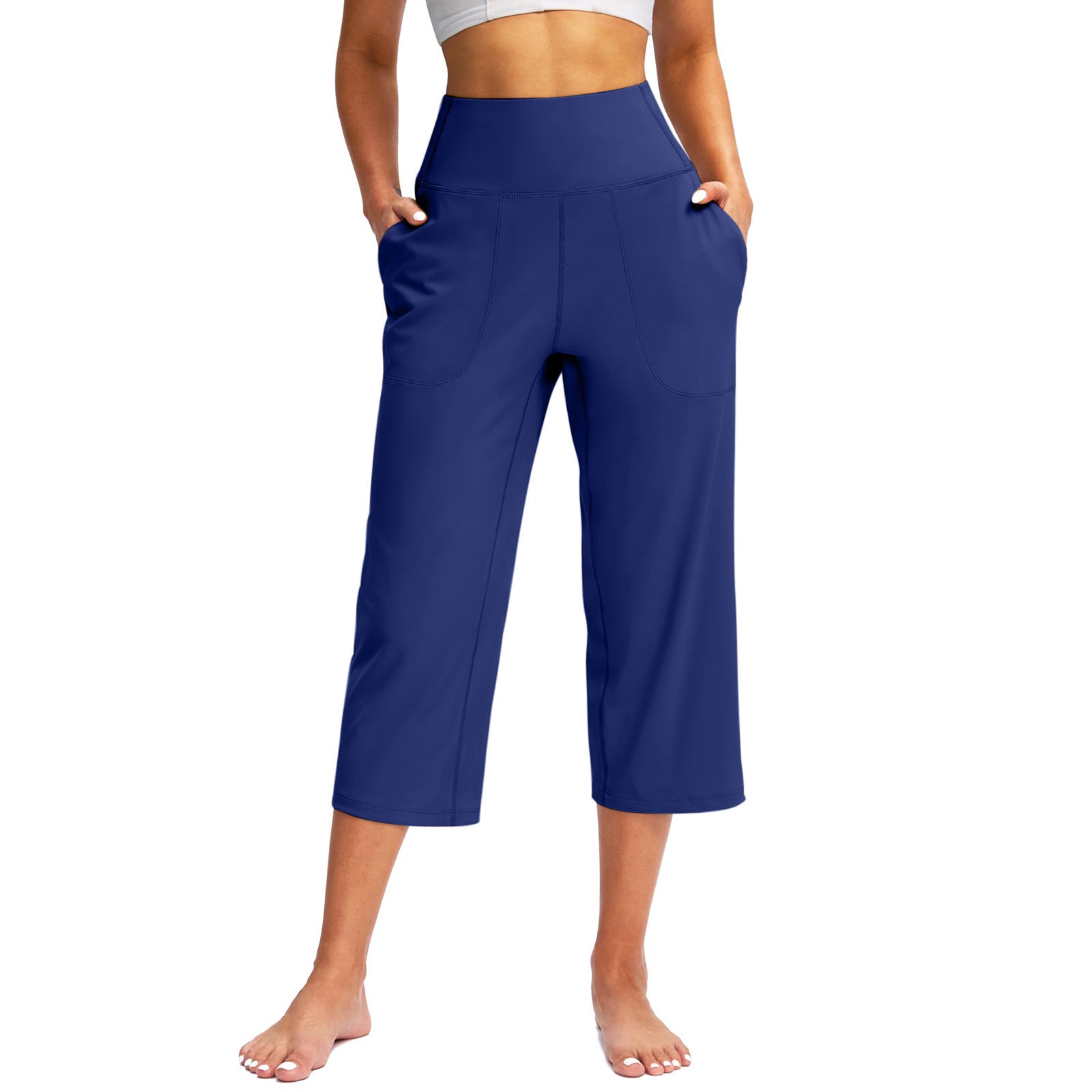 2026 Cross-Border European And American Women's Fashion Solid Color Wide-Leg Cropped Pants With Pockets, High-Waisted Tummy Control Sports Yoga Pants | Mode