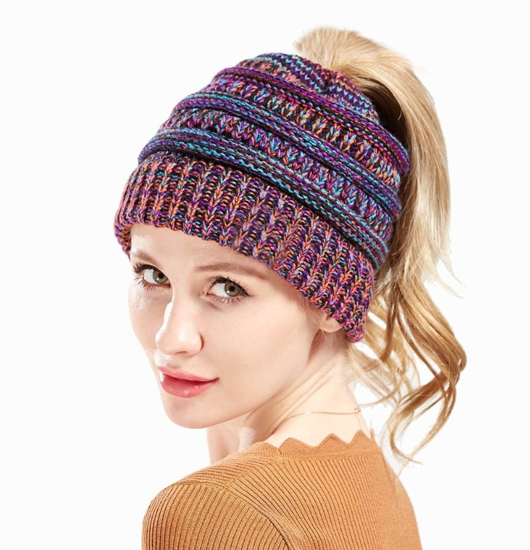 Mixed Color Knitted Wool Hat Ladies Non-labeled Ponytail Hat | Mode