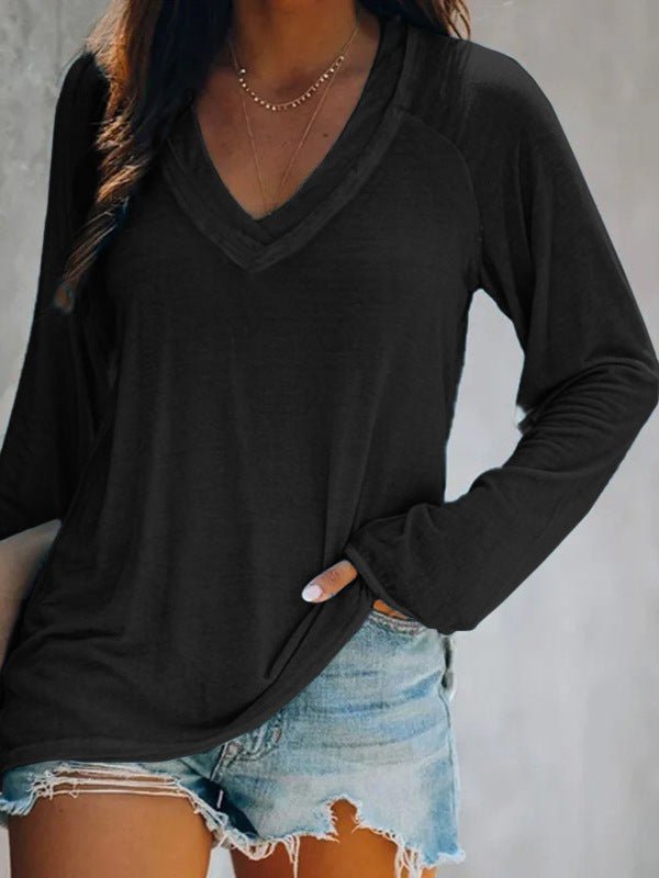 2026 Women's Autumn New European And American Comfortable Solid Color Outerwear Bottom Casual Long Sleeve V-neck Hooded T-shirt | Mode