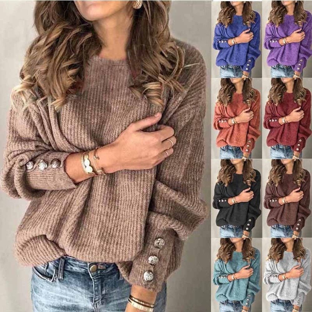Long Sleeve Round Neck Button Knit T-shirt | Mode