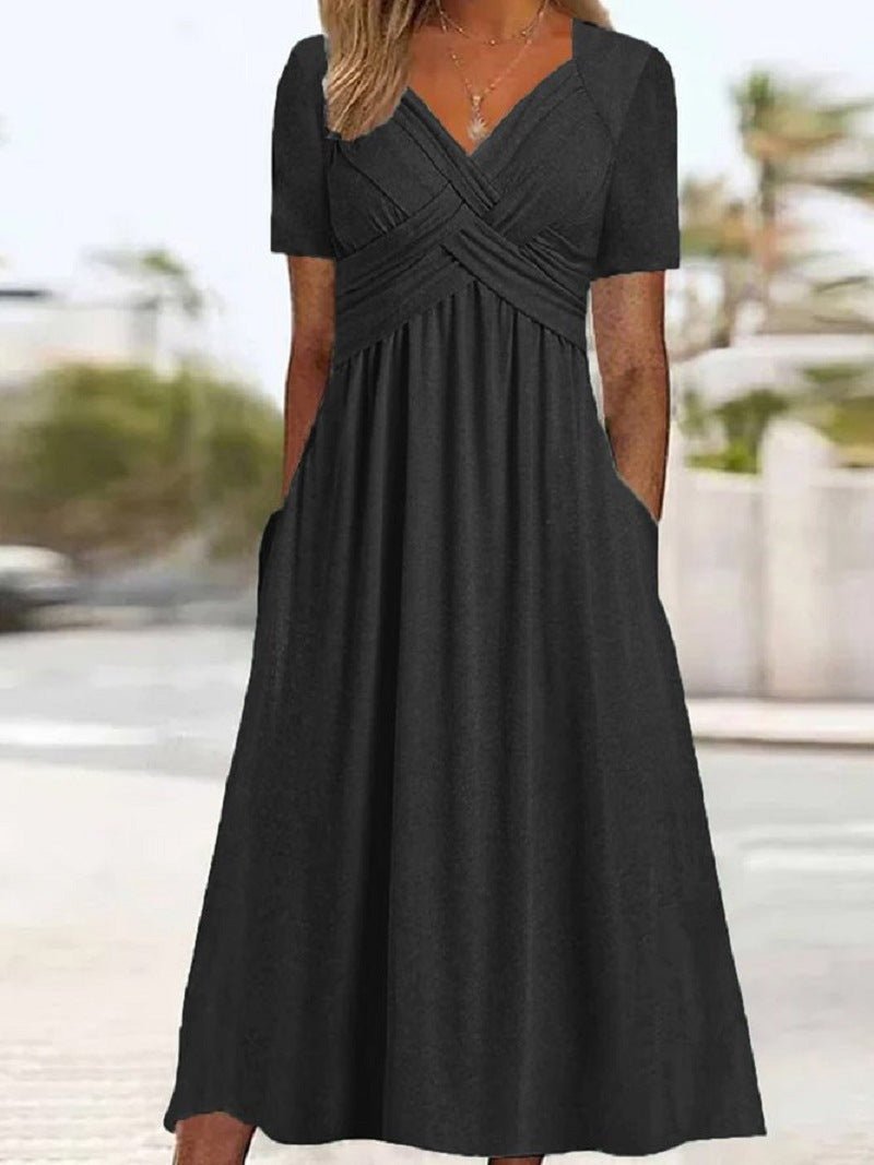 Women Fall Solid Color Round Neck Short Sleeve Pullover ALine Swing Dress Elegant Casual Dress | Mode