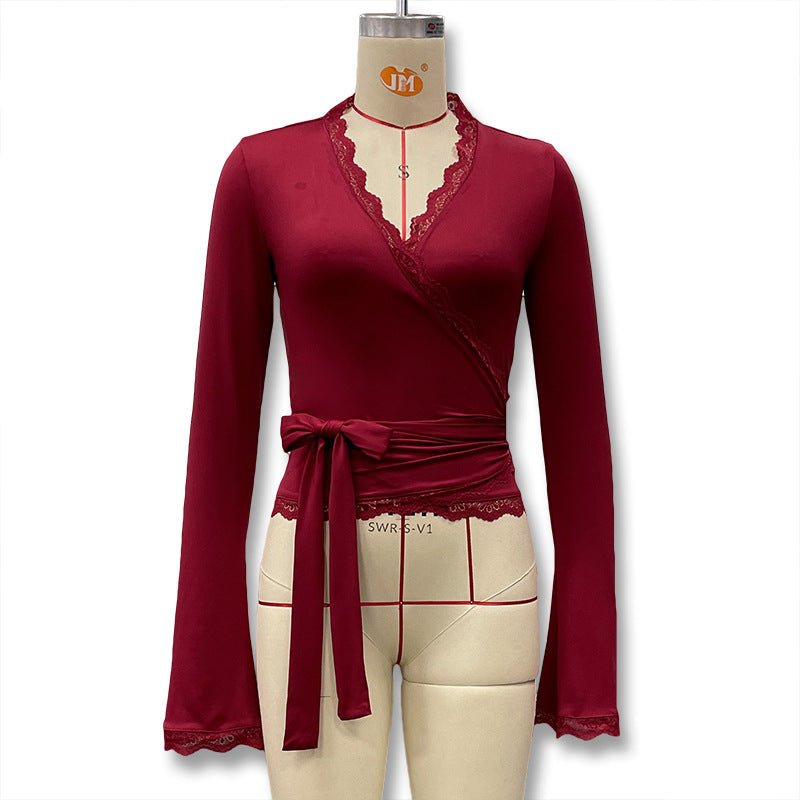 2025 Fall New Women's Cross-Border Solid Color Sexy V-Neck Lace Trim Tie Long Sleeve Slim Fit T-Shirt | Mode