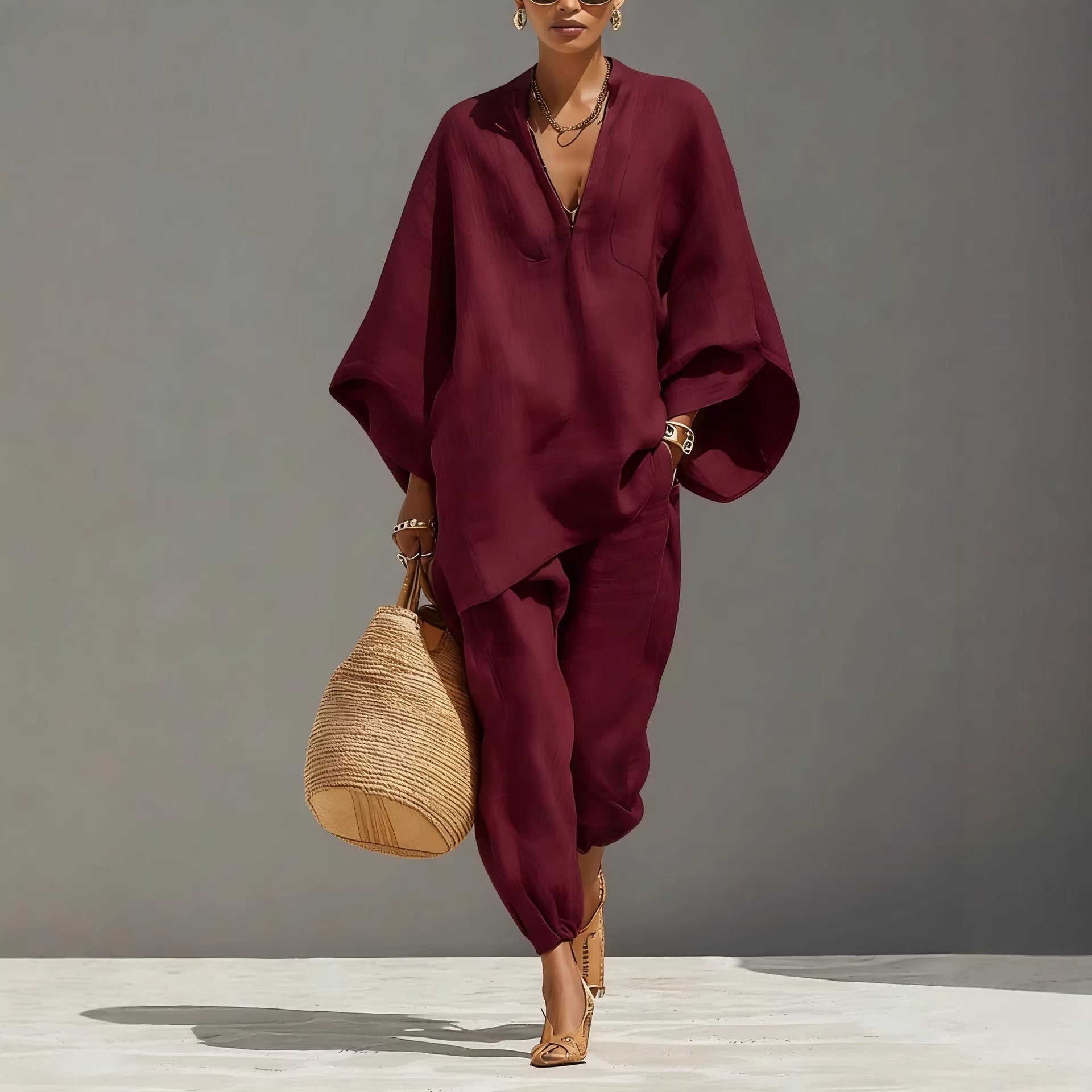 Cross-border European And American Spring And Summer Fashion Women's Casual-style Batwing Sleeve V-neck Loose Lazy-fit Set | Mode