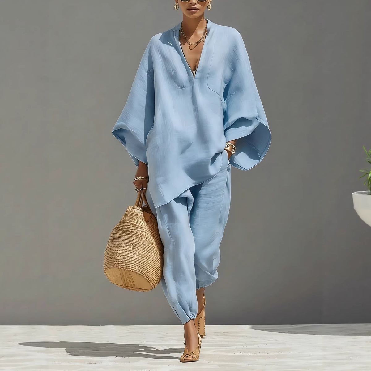 Cross-border European And American Spring And Summer Fashion Women's Casual-style Batwing Sleeve V-neck Loose Lazy-fit Set | Mode