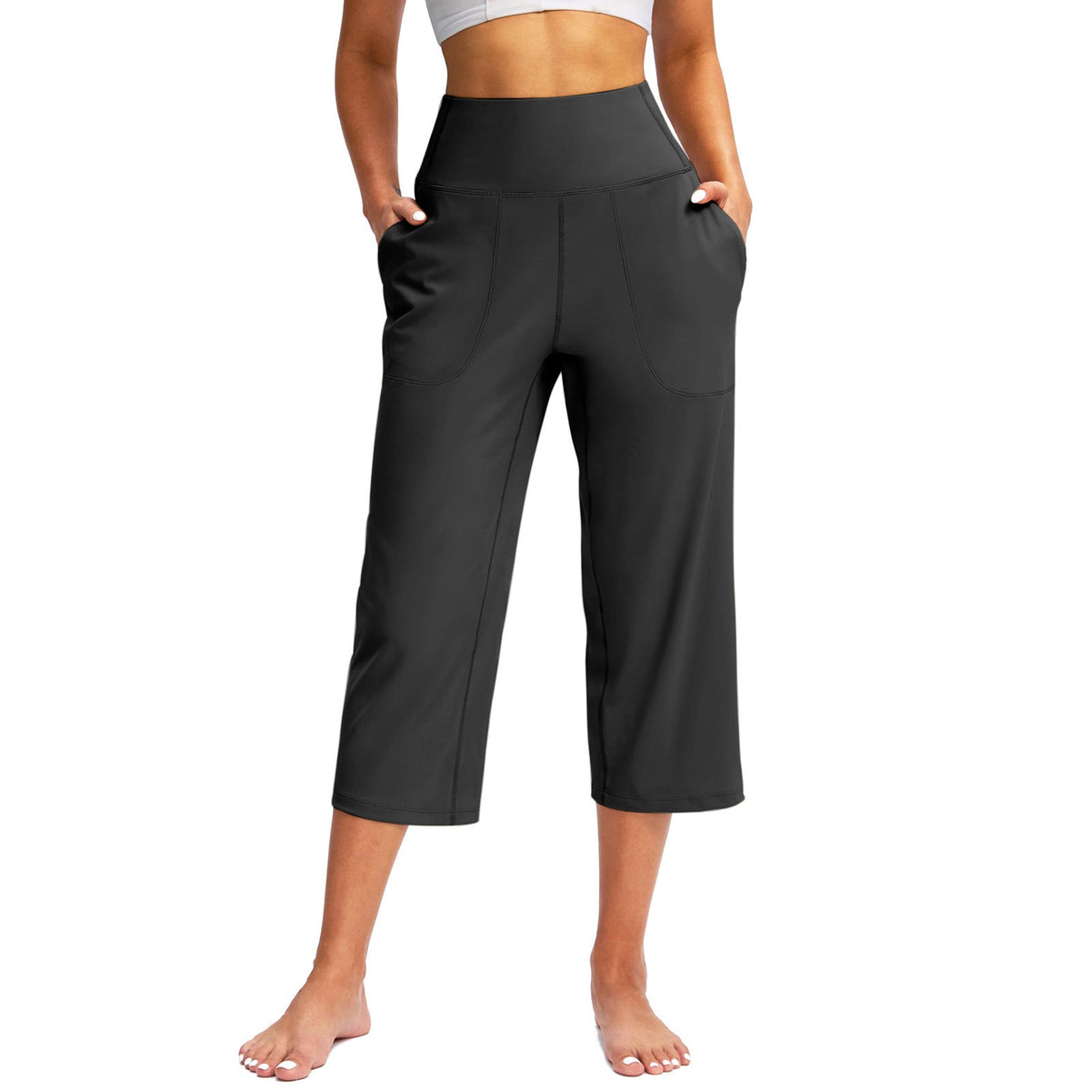 2026 Cross-Border European And American Women's Fashion Solid Color Wide-Leg Cropped Pants With Pockets, High-Waisted Tummy Control Sports Yoga Pants | Mode