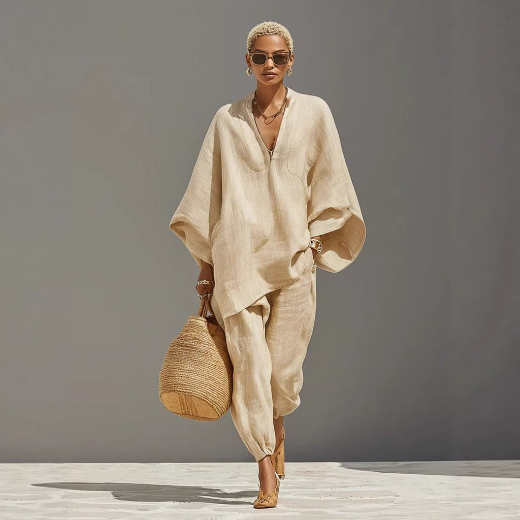 Cross-border European And American Spring And Summer Fashion Women's Casual-style Batwing Sleeve V-neck Loose Lazy-fit Set | Mode
