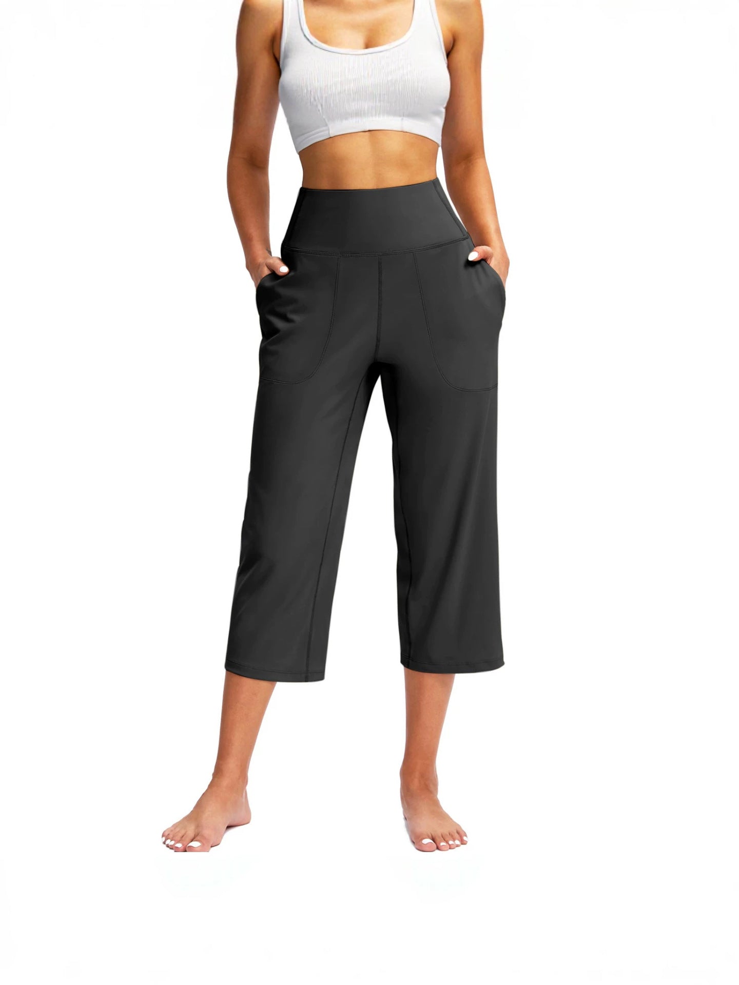 2026 Cross-Border European And American Women's Fashion Solid Color Wide-Leg Cropped Pants With Pockets, High-Waisted Tummy Control Sports Yoga Pants | Mode