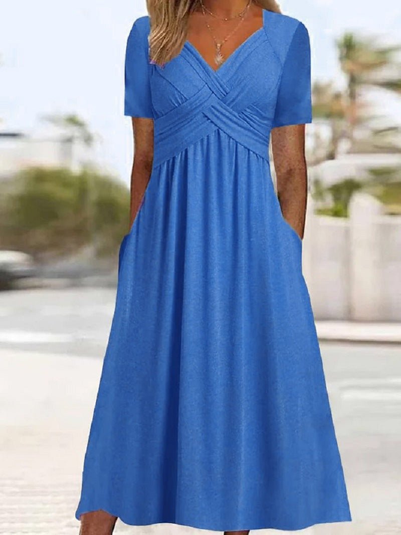 Women Fall Solid Color Round Neck Short Sleeve Pullover ALine Swing Dress Elegant Casual Dress | Mode
