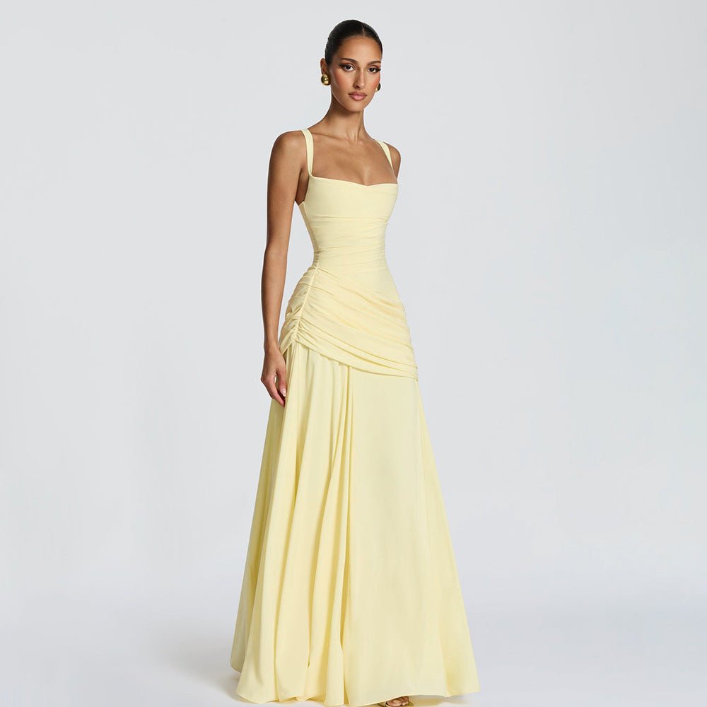 European And American Style Women's Spring New Solid Color Low-Cut Ruffled Strap Waist-Cinching Backless Dress Wholesale | Mode