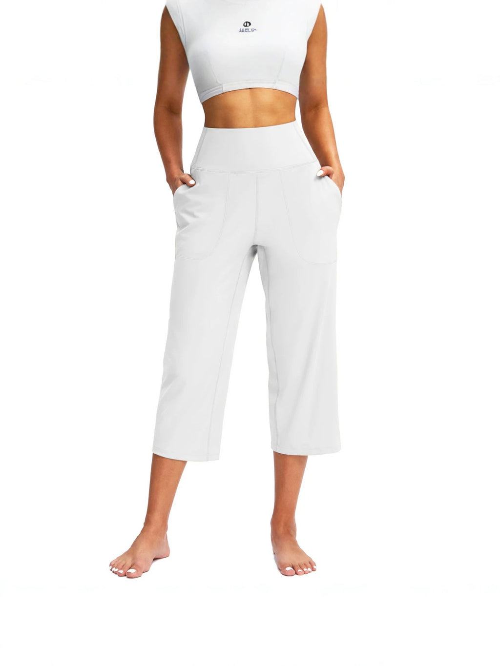 2026 Cross-Border European And American Women's Fashion Solid Color Wide-Leg Cropped Pants With Pockets, High-Waisted Tummy Control Sports Yoga Pants | Mode