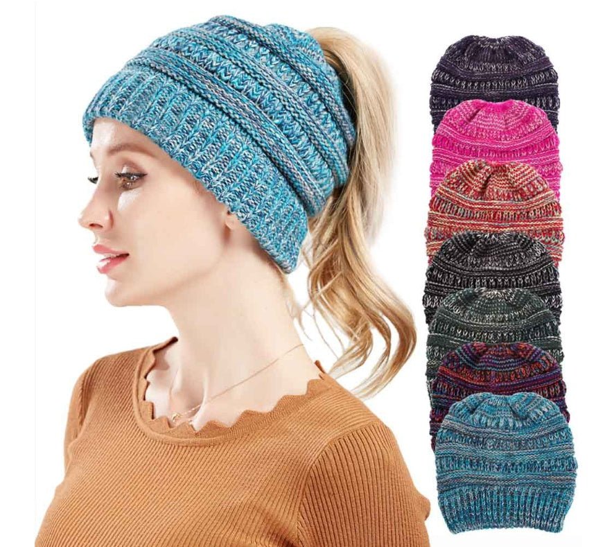 Mixed Color Knitted Wool Hat Ladies Non-labeled Ponytail Hat | Mode