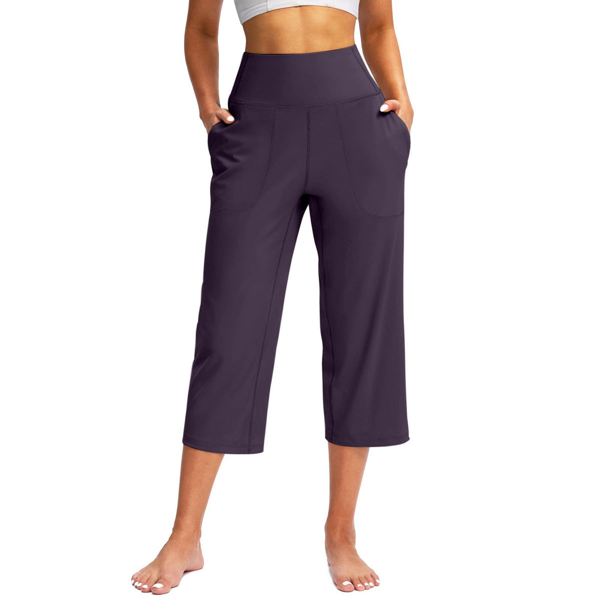 2026 Cross-Border European And American Women's Fashion Solid Color Wide-Leg Cropped Pants With Pockets, High-Waisted Tummy Control Sports Yoga Pants | Mode