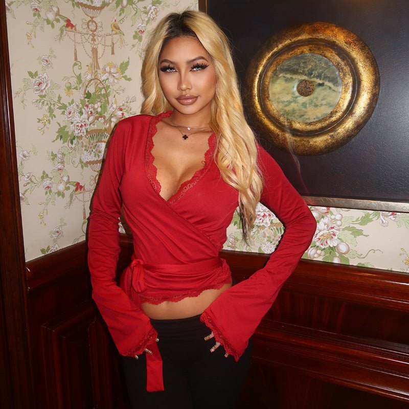 2025 Fall New Women's Cross-Border Solid Color Sexy V-Neck Lace Trim Tie Long Sleeve Slim Fit T-Shirt | Mode