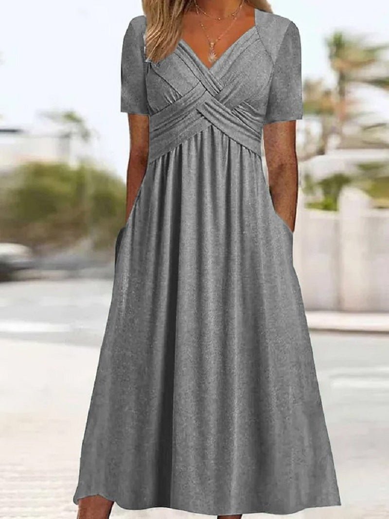 Women Fall Solid Color Round Neck Short Sleeve Pullover ALine Swing Dress Elegant Casual Dress | Mode