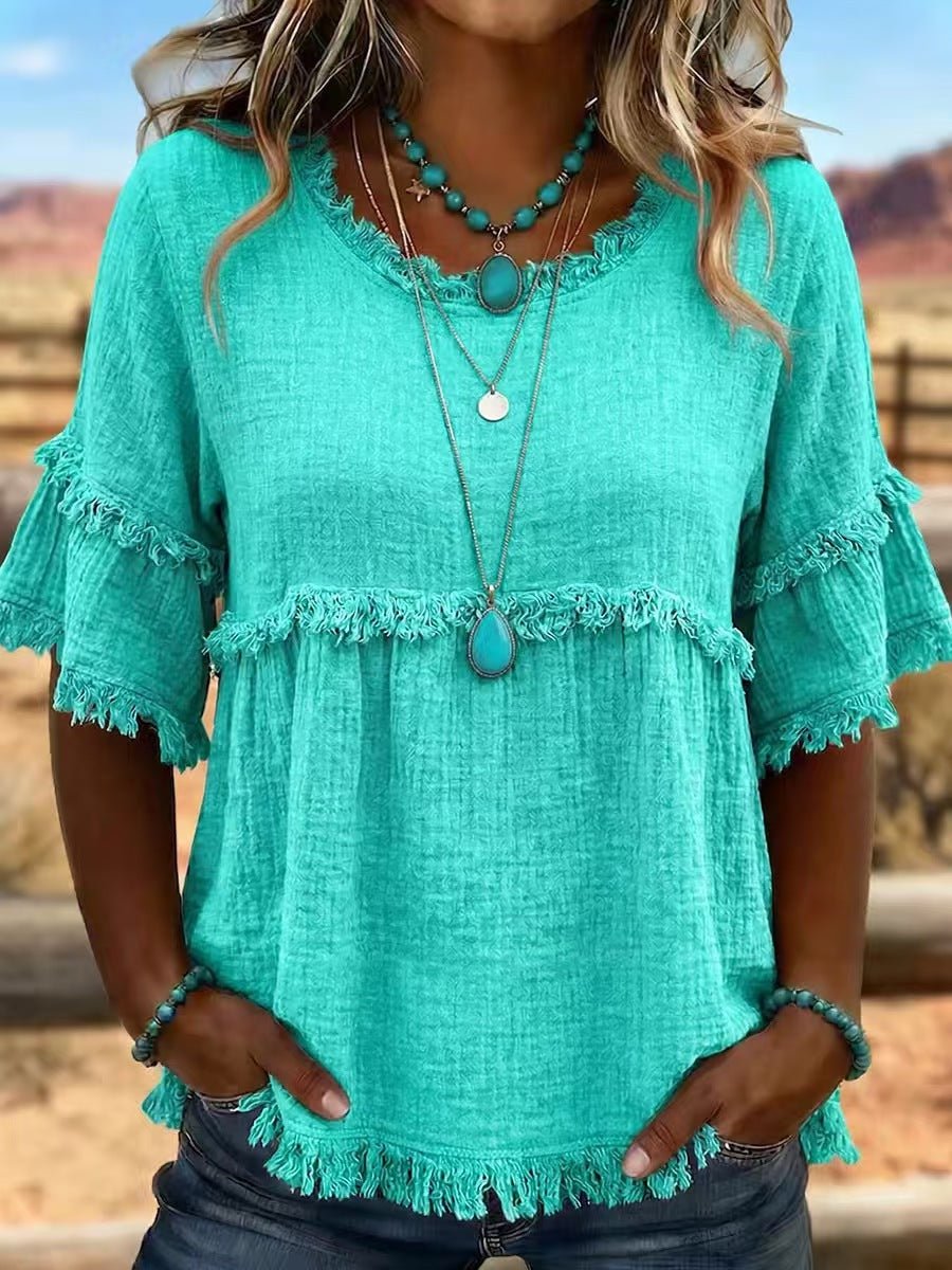 2026 Women's European And American Texture Fur Trim Tassel Retro Round Neck Short Sleeve Top Fashionable Short Sleeve Shirt | Mode