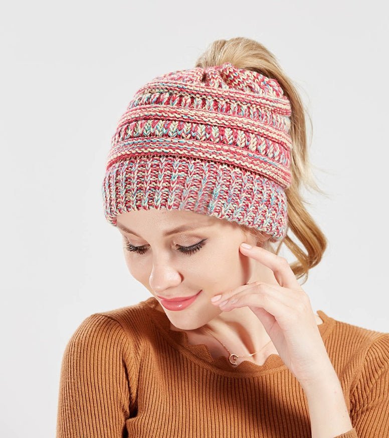 Mixed Color Knitted Wool Hat Ladies Non-labeled Ponytail Hat | Mode