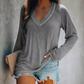 2026 Women's Autumn New European And American Comfortable Solid Color Outerwear Bottom Casual Long Sleeve V-neck Hooded T-shirt | Mode