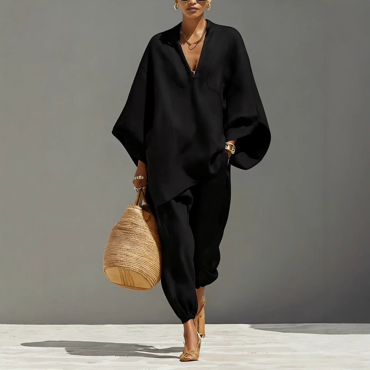 Cross-border European And American Spring And Summer Fashion Women's Casual-style Batwing Sleeve V-neck Loose Lazy-fit Set | Mode