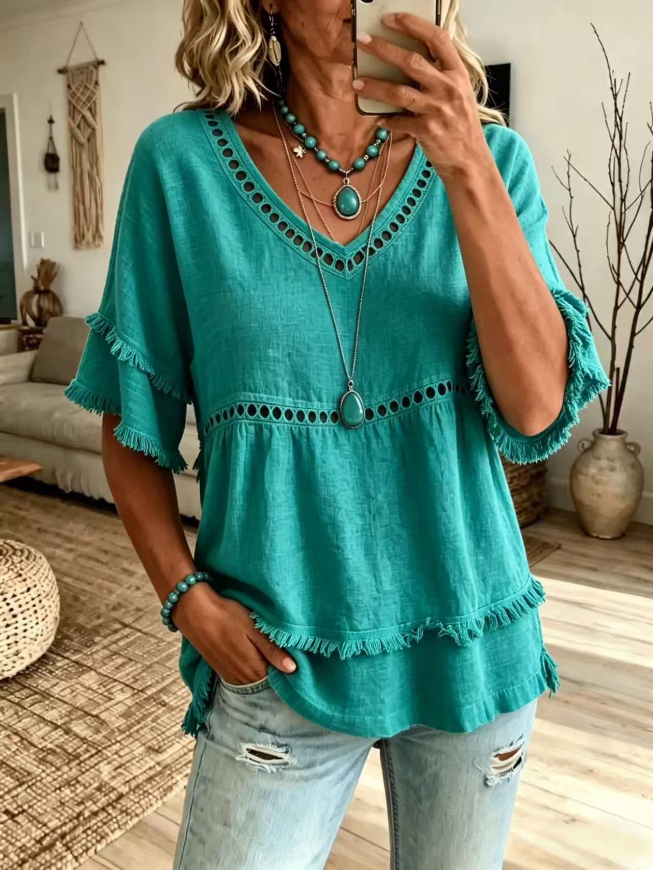 2026 Women's European And American Spring And Summer New Elegant Casual V-neck Solid Color Short Sleeved Women's Shirt | Mode