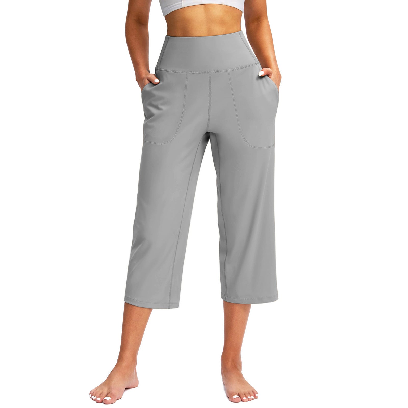 2026 Cross-Border European And American Women's Fashion Solid Color Wide-Leg Cropped Pants With Pockets, High-Waisted Tummy Control Sports Yoga Pants | Mode