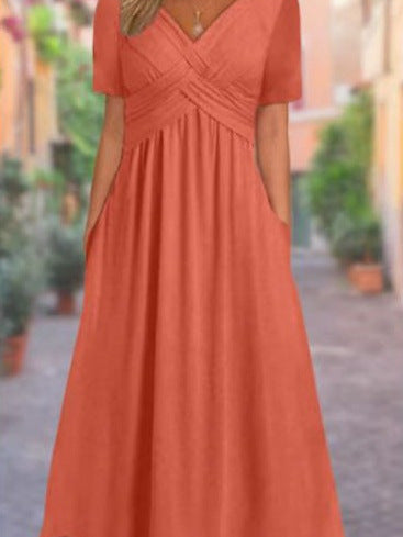 Women Fall Solid Color Round Neck Short Sleeve Pullover ALine Swing Dress Elegant Casual Dress | Mode