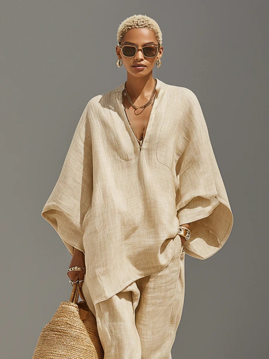 Cross-border European And American Spring And Summer Fashion Women's Casual-style Batwing Sleeve V-neck Loose Lazy-fit Set | Mode
