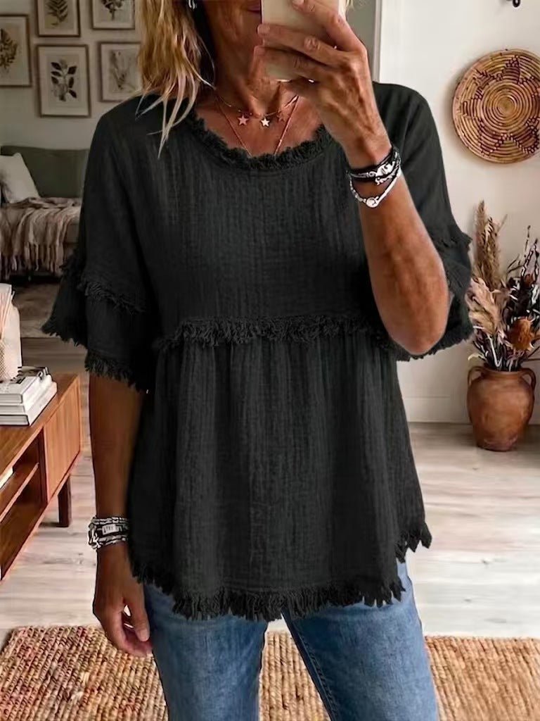 2026 Women's European And American Texture Fur Trim Tassel Retro Round Neck Short Sleeve Top Fashionable Short Sleeve Shirt | Mode