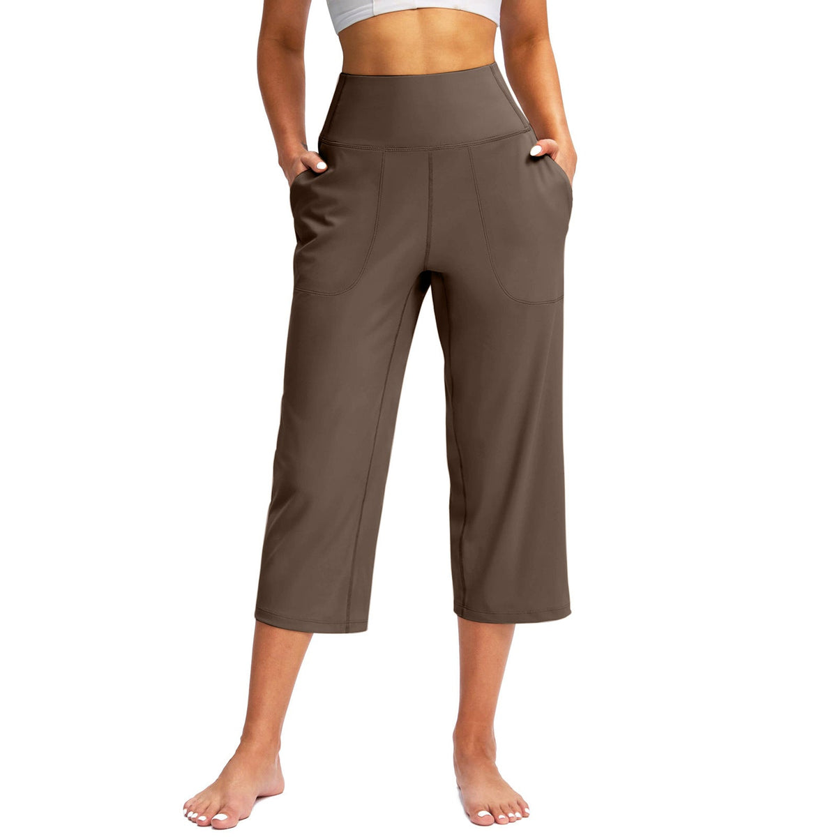2026 Cross-Border European And American Women's Fashion Solid Color Wide-Leg Cropped Pants With Pockets, High-Waisted Tummy Control Sports Yoga Pants | Mode