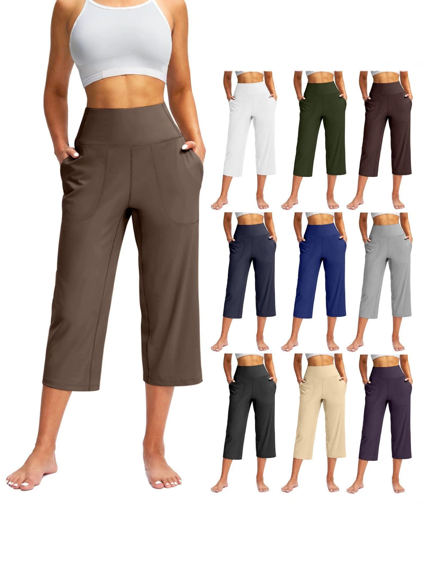 2026 Cross-Border European And American Women's Fashion Solid Color Wide-Leg Cropped Pants With Pockets, High-Waisted Tummy Control Sports Yoga Pants | Mode
