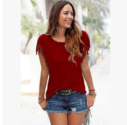 Wish quick sale eBay ladies Europe and America big size round neck short sleeve cuffs tassel T-shirt cotton tops | Mode