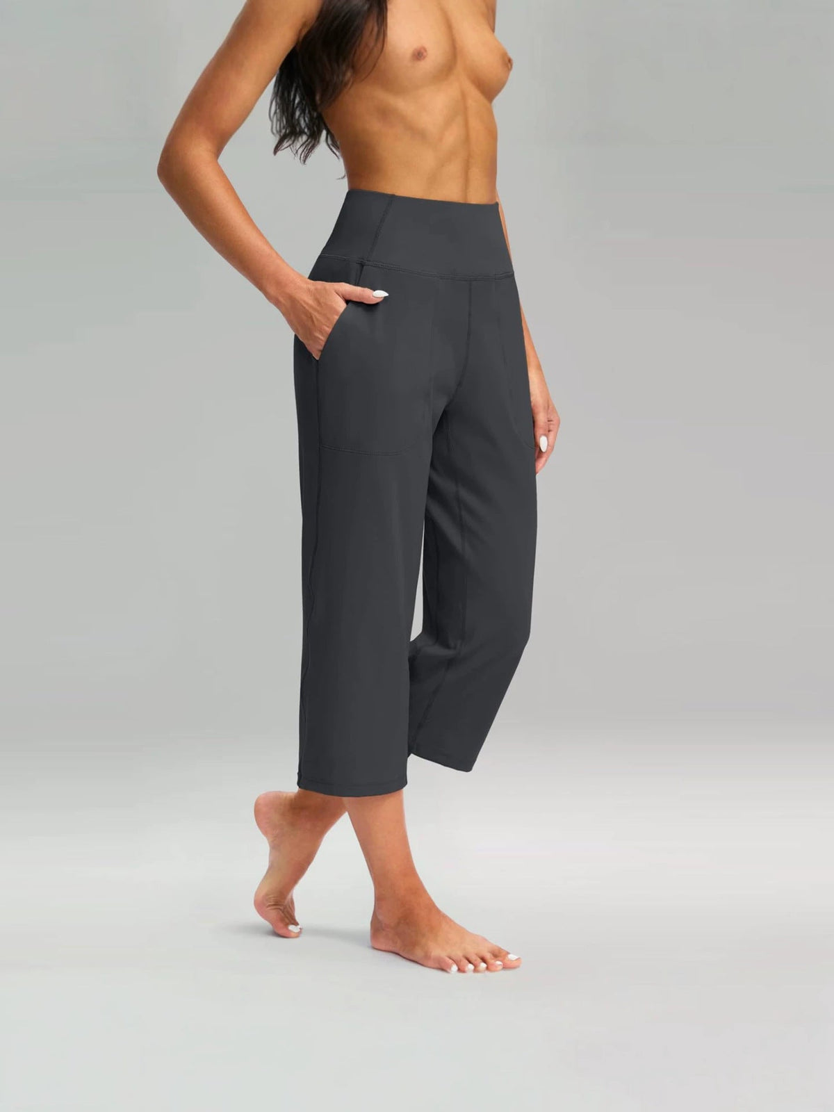 2026 Cross-Border European And American Women's Fashion Solid Color Wide-Leg Cropped Pants With Pockets, High-Waisted Tummy Control Sports Yoga Pants | Mode