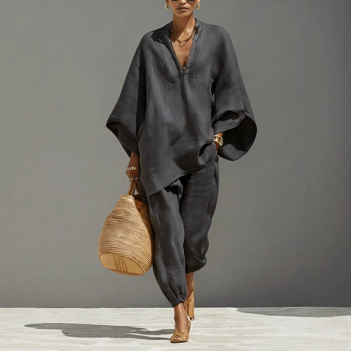 Cross-border European And American Spring And Summer Fashion Women's Casual-style Batwing Sleeve V-neck Loose Lazy-fit Set | Mode