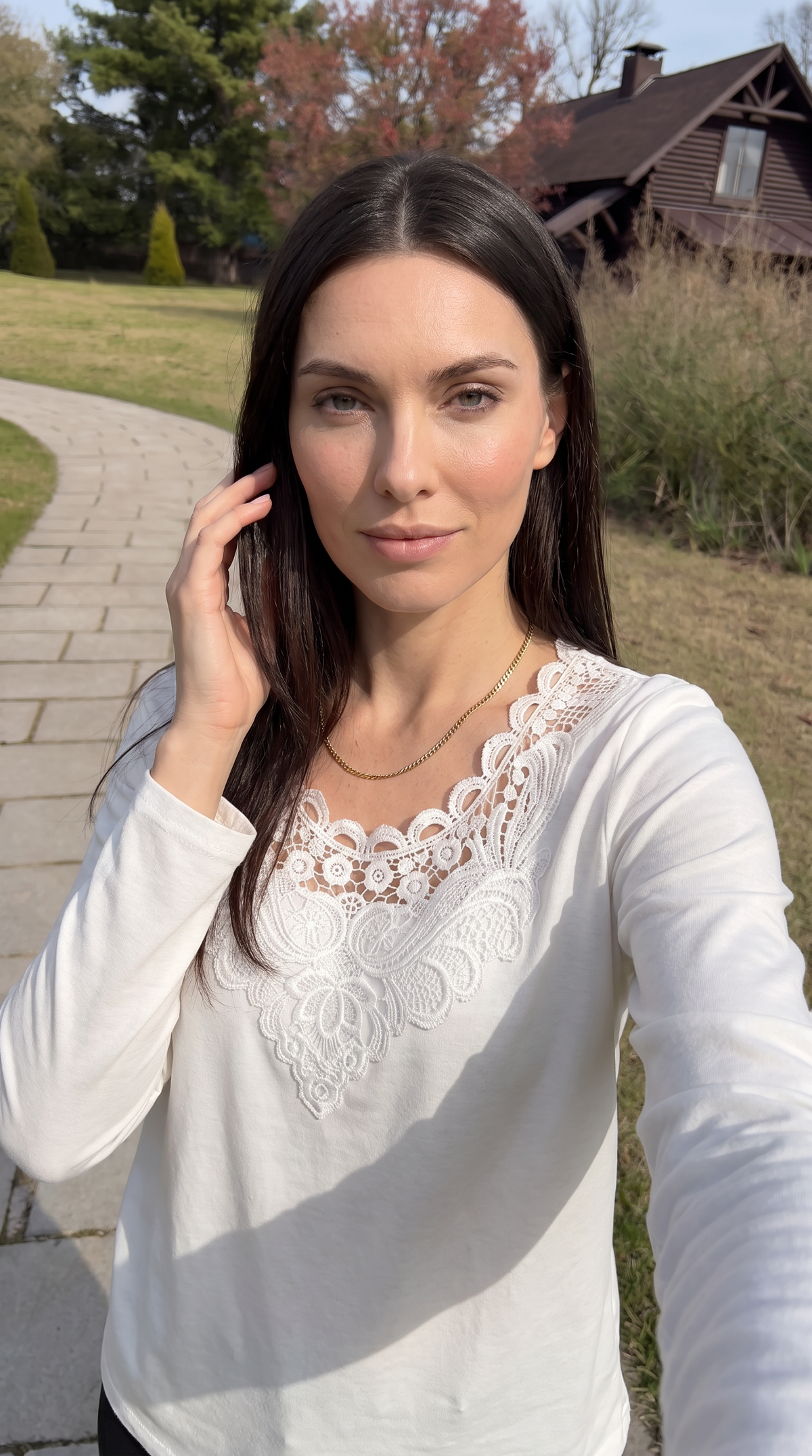 Floral Print Base New Lace-trimmed Low-neck Long Sleeves