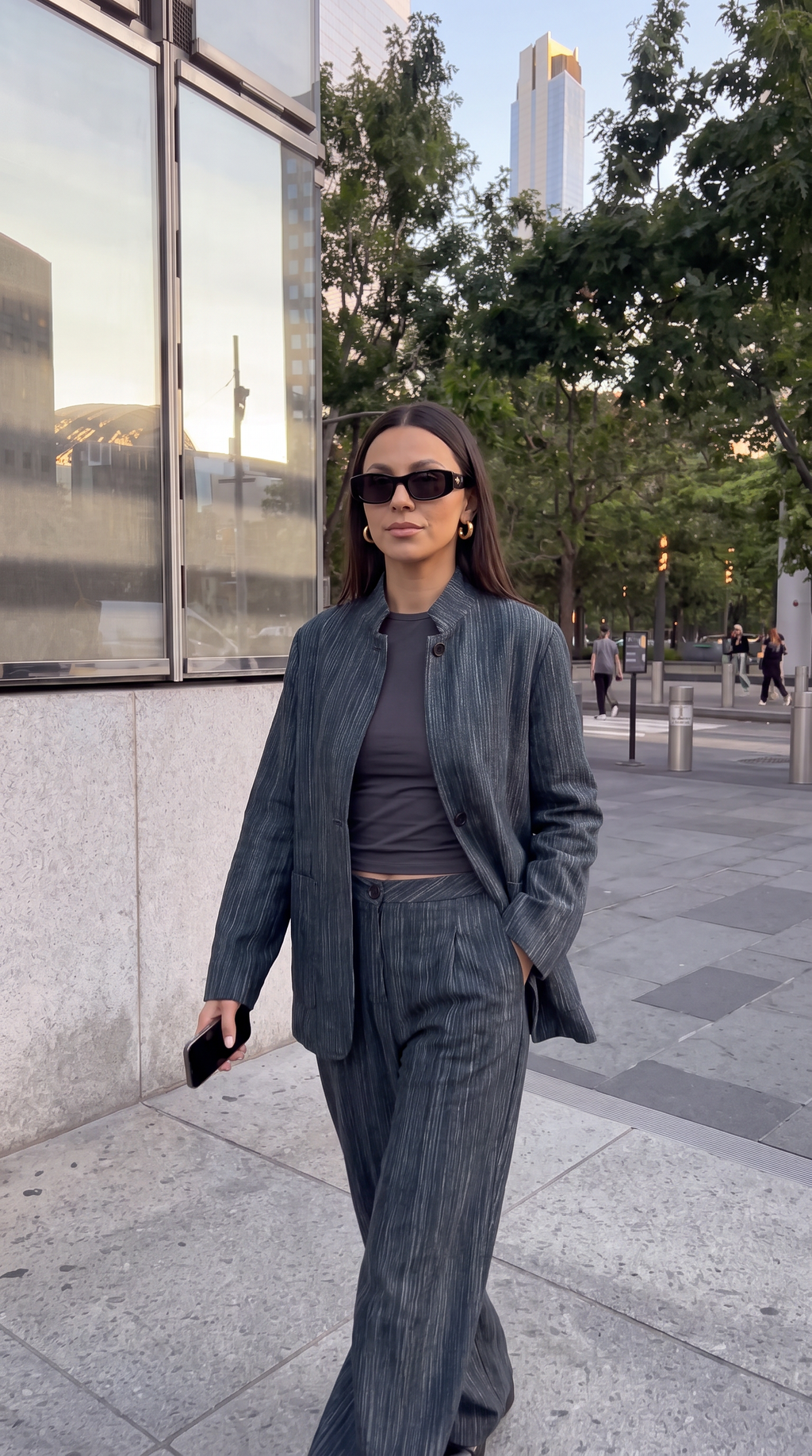 Stand-collar Linen Striped Blazer With Striped Trousers