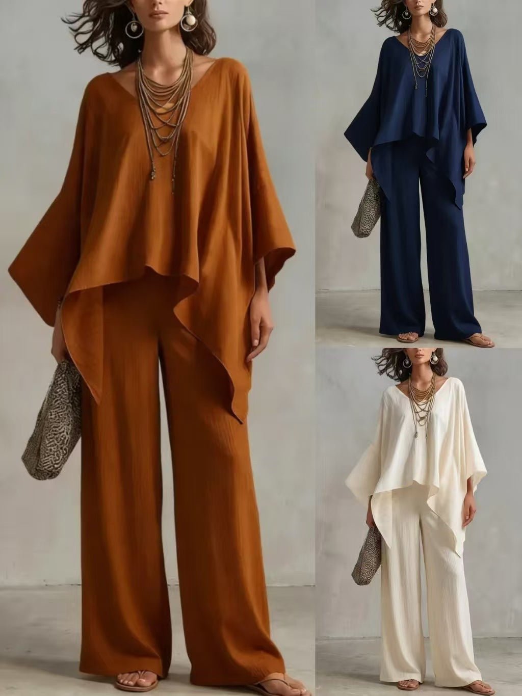 Women Cotton Linen 2 Piece Outfit, V Neck Batwing Sleeve Asymmetric Top  Wide Leg Pants Set, Casual Loose Elegant Summer Co Ord Set | Mode