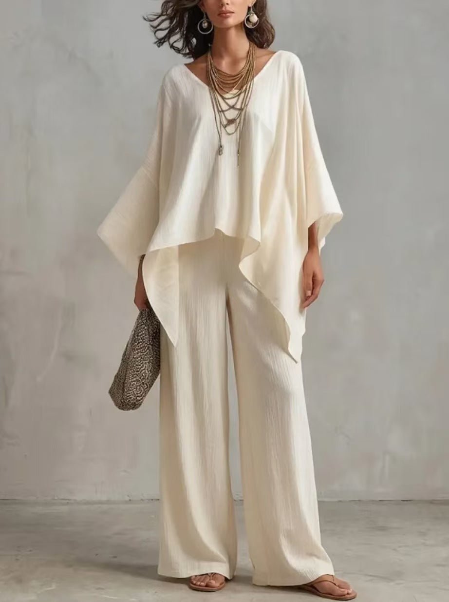 Women Cotton Linen 2 Piece Outfit, V Neck Batwing Sleeve Asymmetric Top  Wide Leg Pants Set, Casual Loose Elegant Summer Co Ord Set | Mode