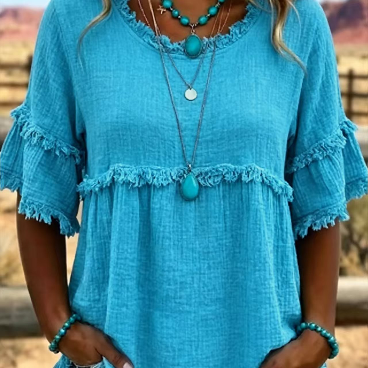 2026 Women's European And American Texture Fur Trim Tassel Retro Round Neck Short Sleeve Top Fashionable Short Sleeve Shirt | Mode