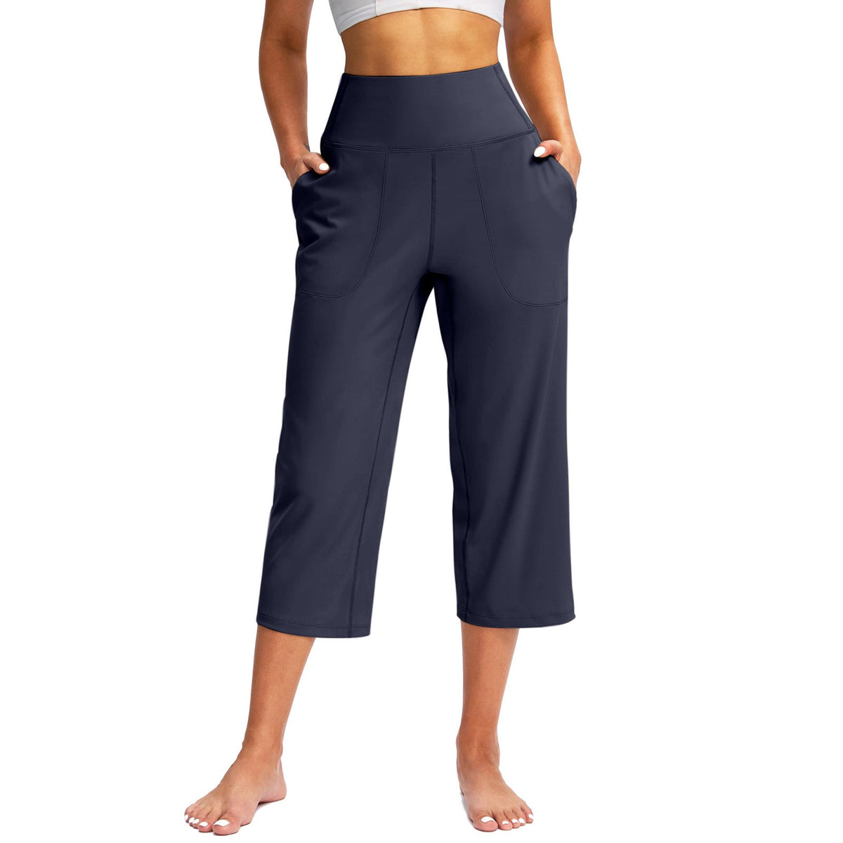 2026 Cross-Border European And American Women's Fashion Solid Color Wide-Leg Cropped Pants With Pockets, High-Waisted Tummy Control Sports Yoga Pants | Mode