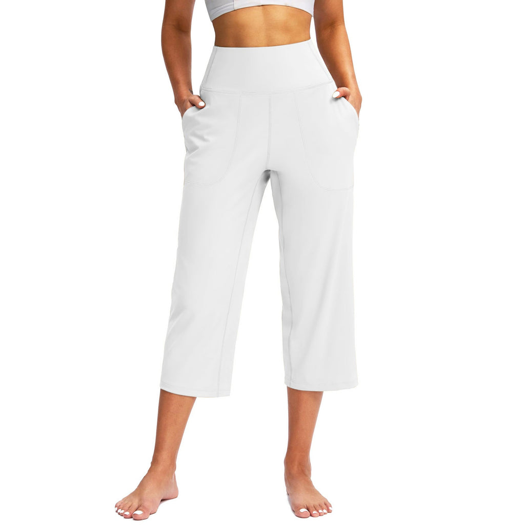 2026 Cross-Border European And American Women's Fashion Solid Color Wide-Leg Cropped Pants With Pockets, High-Waisted Tummy Control Sports Yoga Pants | Mode