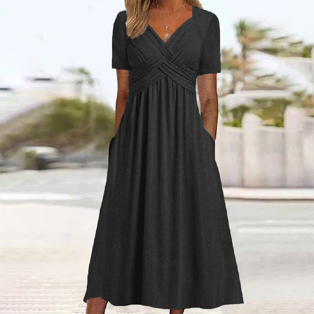 Women Fall Solid Color Round Neck Short Sleeve Pullover ALine Swing Dress Elegant Casual Dress | Mode