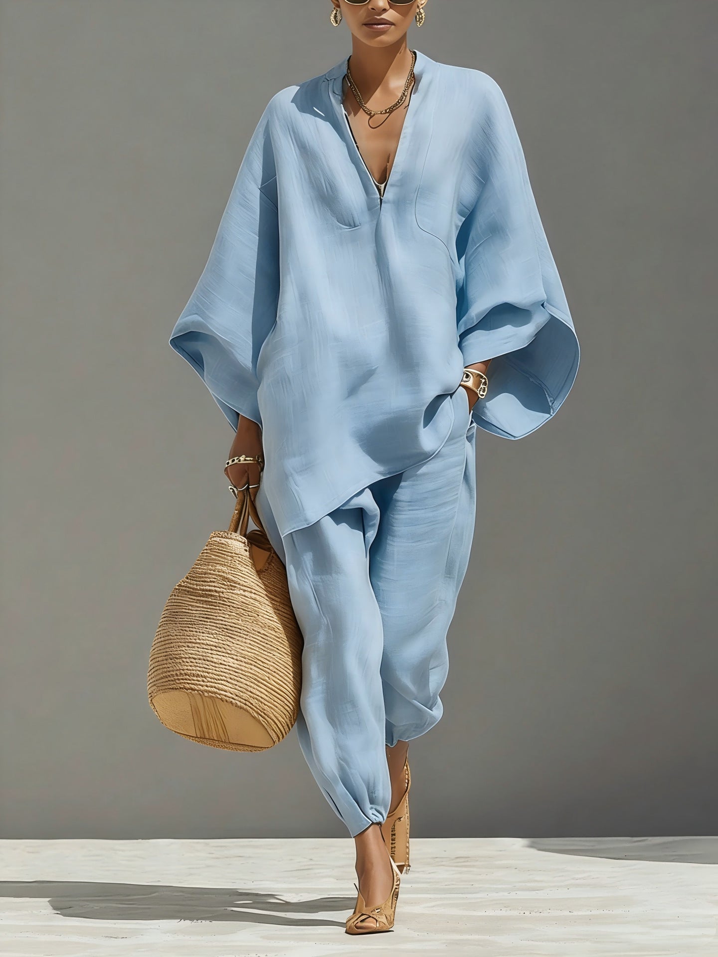 Cross-border European And American Spring And Summer Fashion Women's Casual-style Batwing Sleeve V-neck Loose Lazy-fit Set | Mode