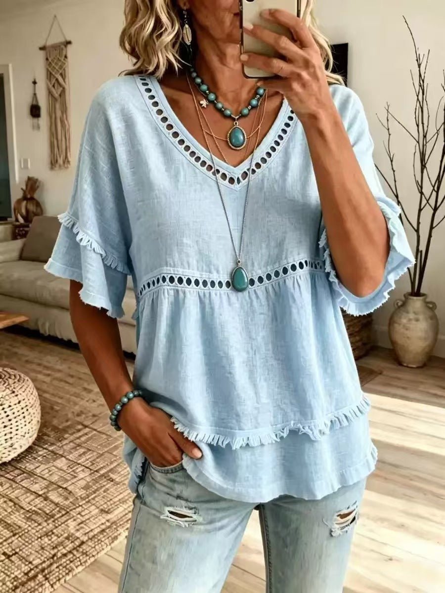 2026 Women's European And American Spring And Summer New Elegant Casual V-neck Solid Color Short Sleeved Women's Shirt | Mode