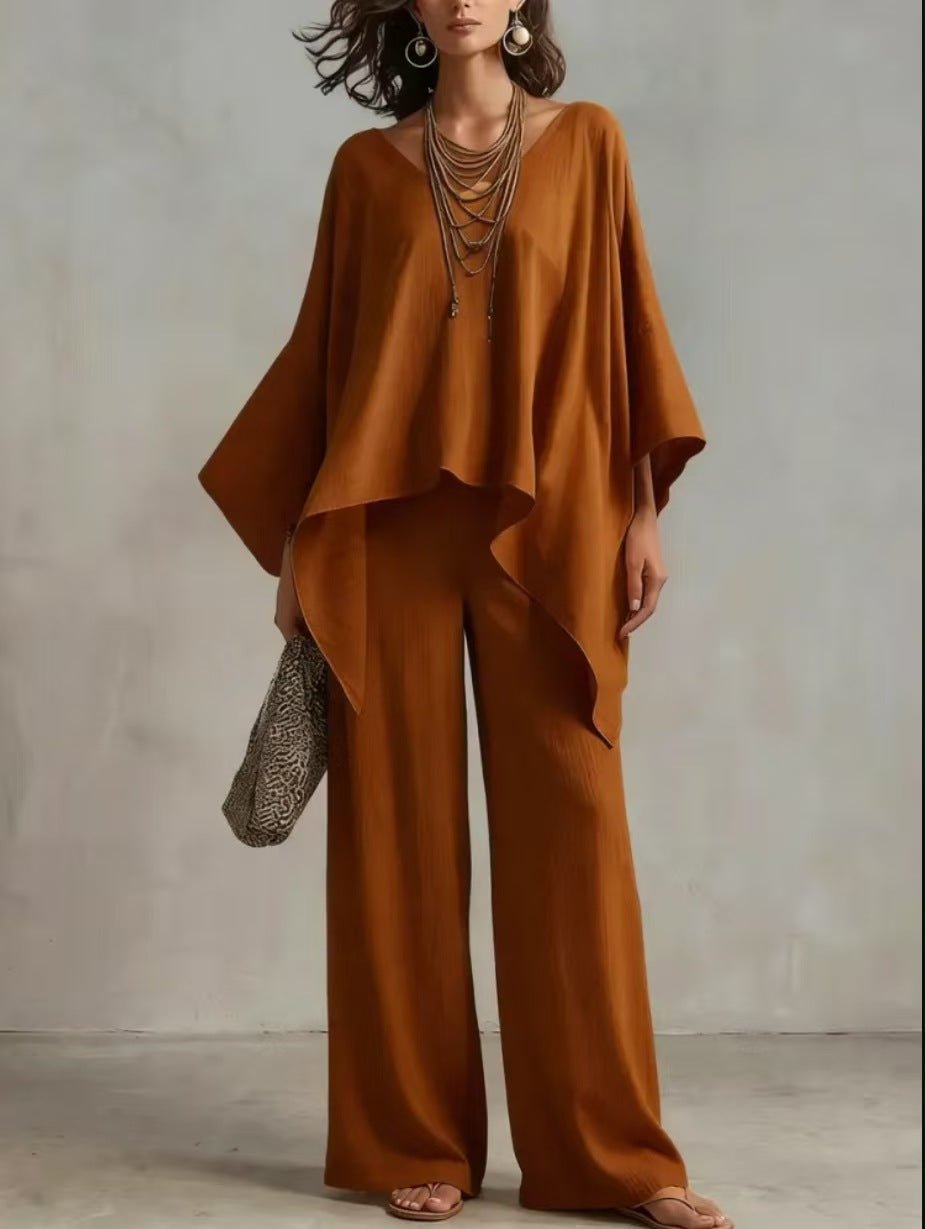 Women Cotton Linen 2 Piece Outfit, V Neck Batwing Sleeve Asymmetric Top  Wide Leg Pants Set, Casual Loose Elegant Summer Co Ord Set | Mode