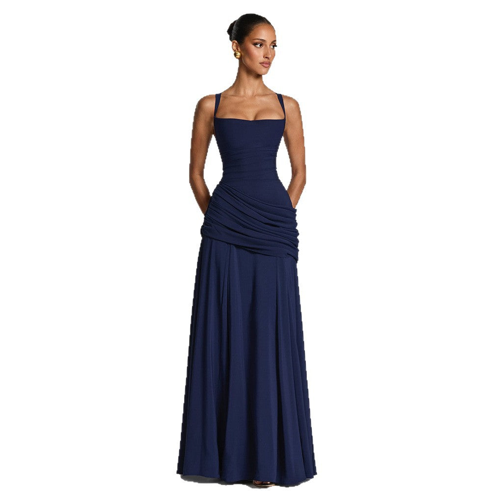 European And American Style Women's Spring New Solid Color Low-Cut Ruffled Strap Waist-Cinching Backless Dress Wholesale | Mode