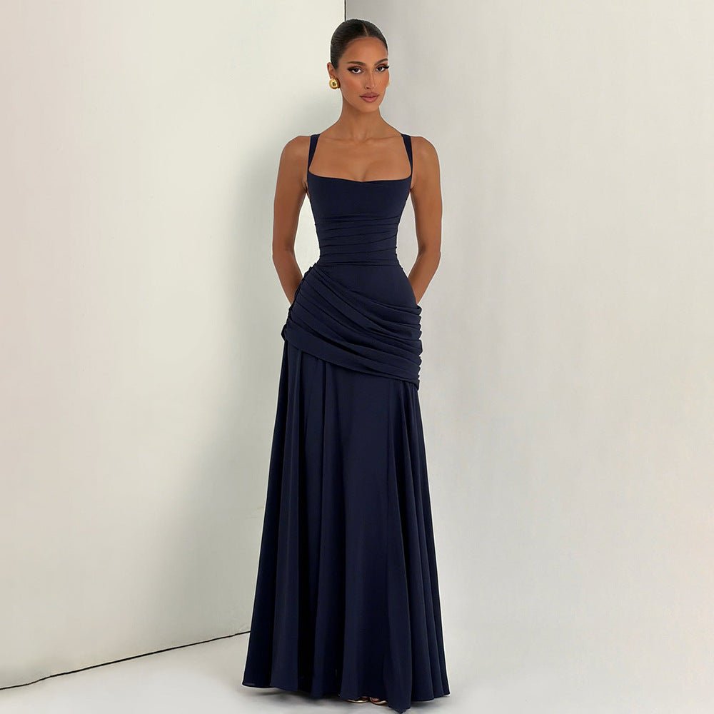 European And American Style Women's Spring New Solid Color Low-Cut Ruffled Strap Waist-Cinching Backless Dress Wholesale | Mode