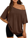 New Women's T-shirt Casual Fashion Slant Collar Top Women's Knitted Short Sleeve Top | Mode