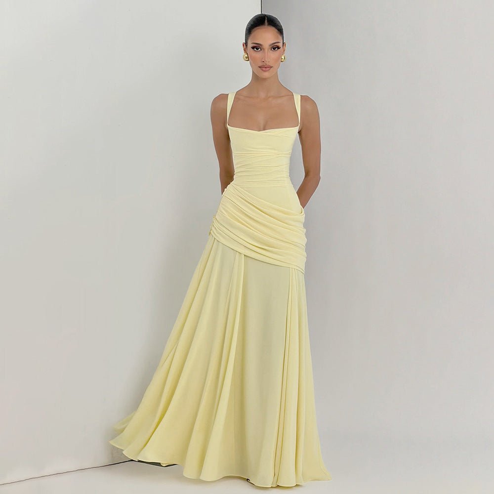 European And American Style Women's Spring New Solid Color Low-Cut Ruffled Strap Waist-Cinching Backless Dress Wholesale | Mode