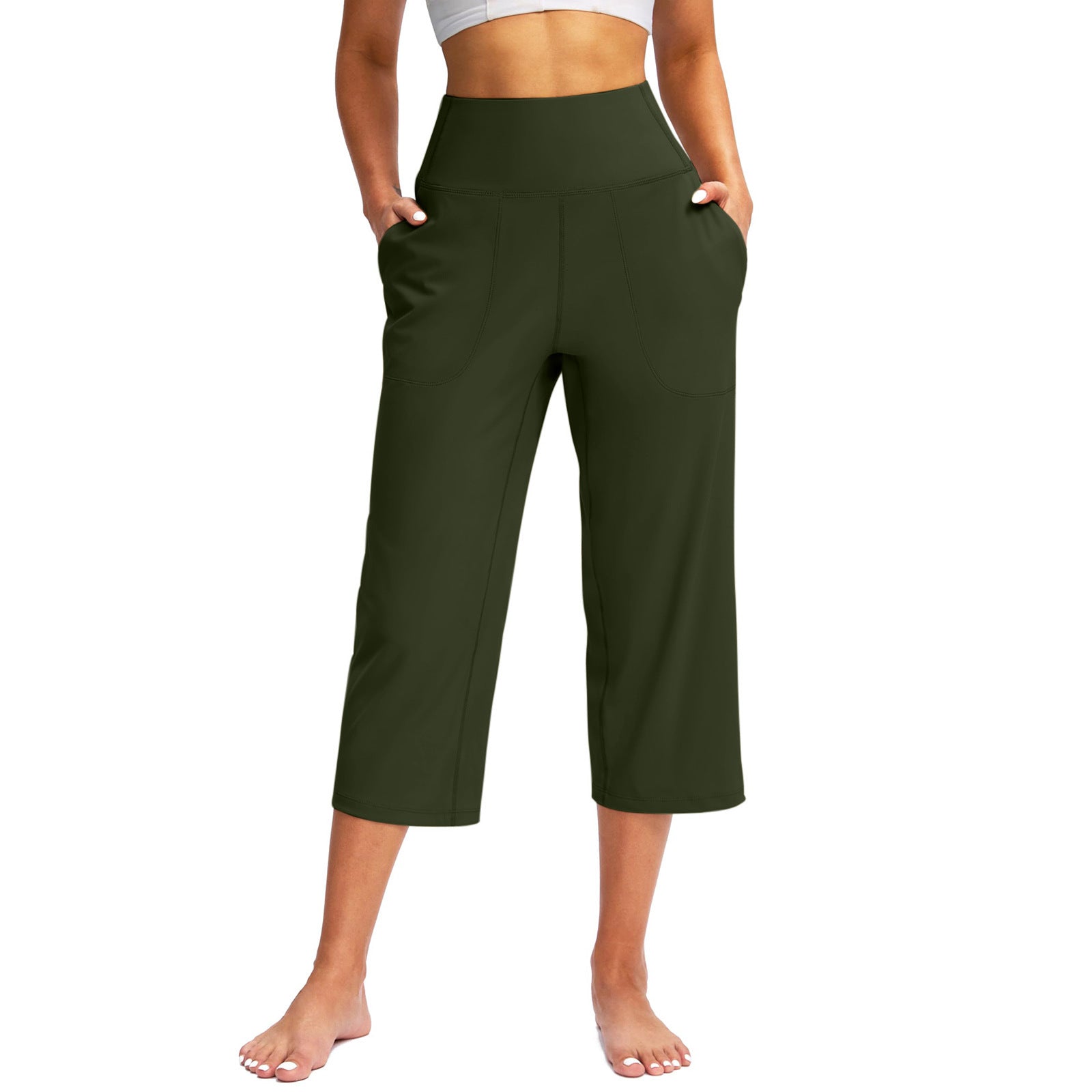 2026 Cross-Border European And American Women's Fashion Solid Color Wide-Leg Cropped Pants With Pockets, High-Waisted Tummy Control Sports Yoga Pants | Mode